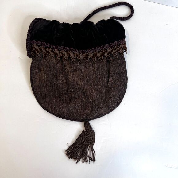 Lisa Violetto VTG Brown Velvet Drawstring Evening Cocktail Bag Regency Victorian - Picture 2 of 9